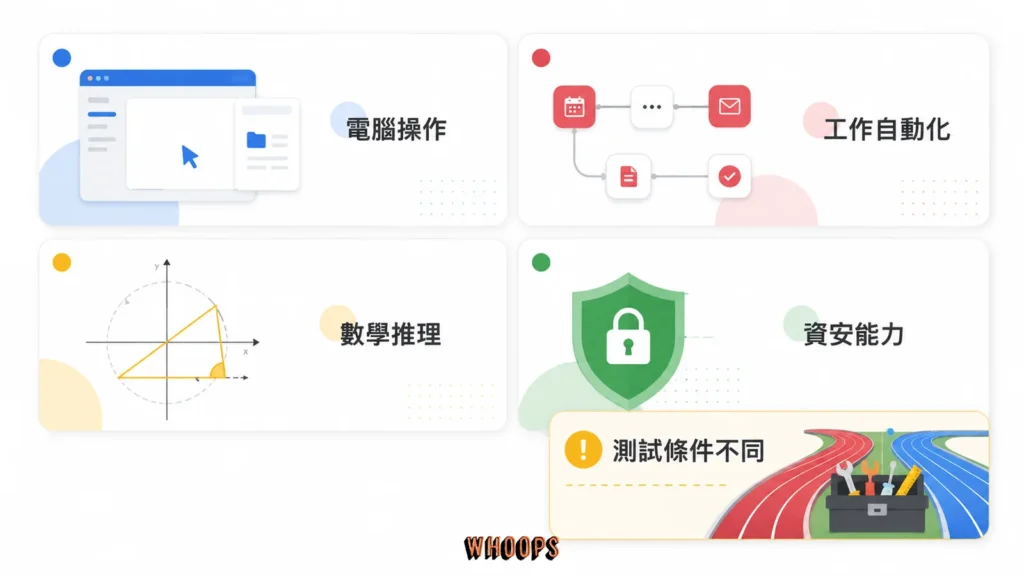 GPT-6 Astra 在電腦操作、自動化、數學與資安能力提升並附測試條件提醒的示意圖