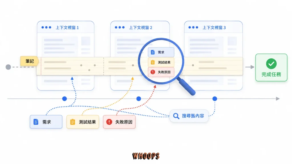 GPT-6 Astra 在多個上下文視窗之間保存筆記、搜尋舊資訊並完成長任務的示意圖