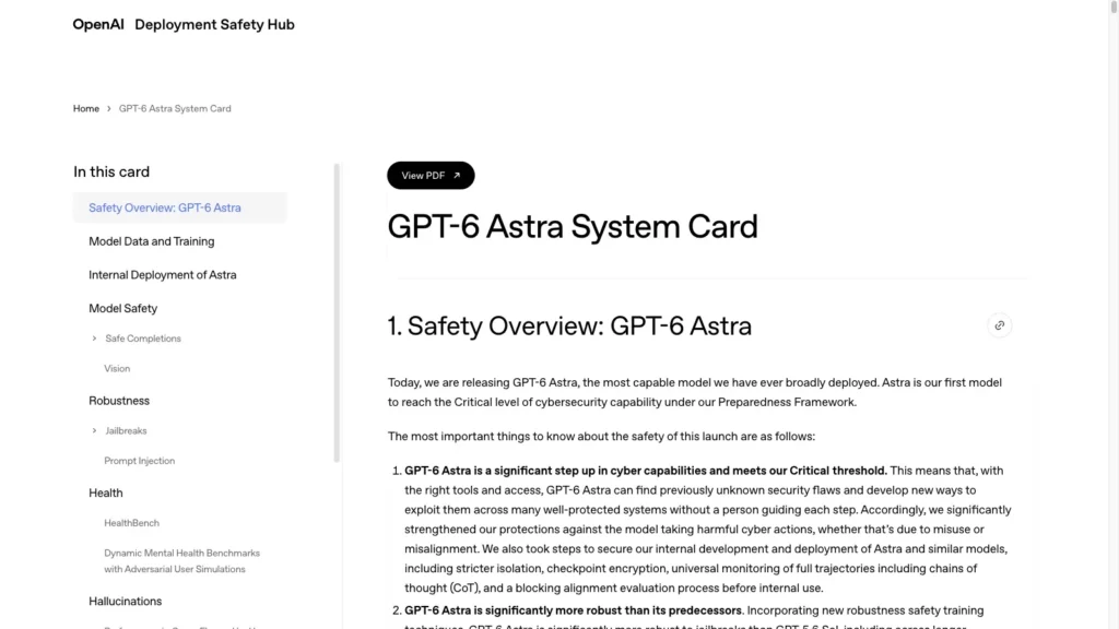 GPT-6 Astra System Card Critical 資安能力等級截圖