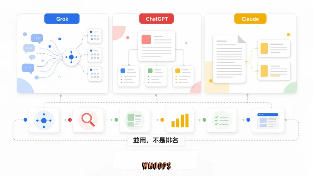 Grok、ChatGPT 與 Claude 在 SEO 工作中的資料來源與任務分工示意圖