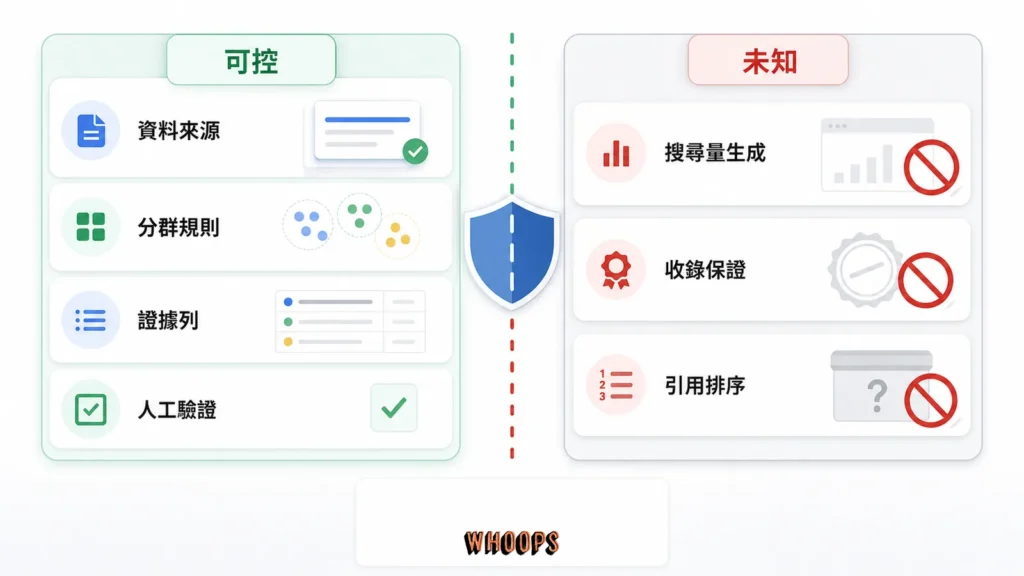 Grok SEO 可控工作與未知黑箱的左右對照圖