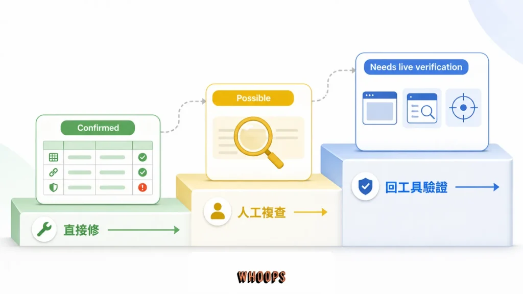 技術 SEO 稽核依 Confirmed、Possible 與 Needs live verification 分級