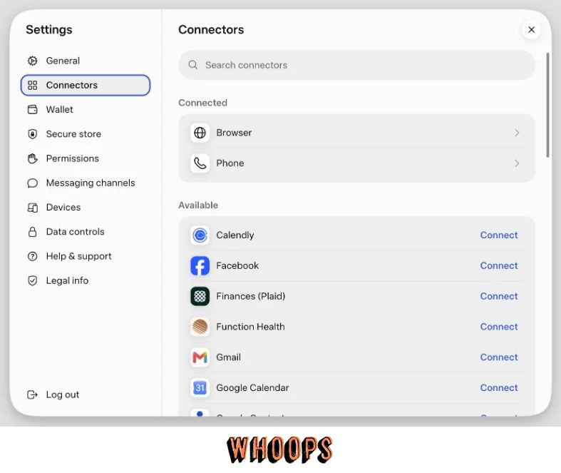 Meta Muse Connectors 列出 Browser、Phone 與可連接的第三方服務