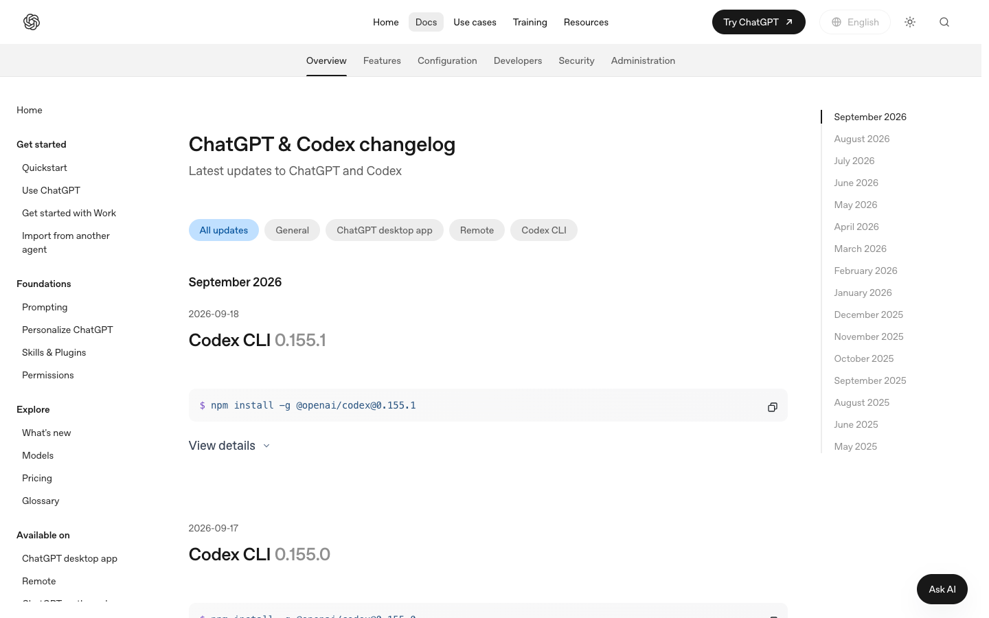 OpenAI 官方 ChatGPT 與 Codex changelog 頁面：Codex CLI 0.155.0 與 0.155.1 更新條目