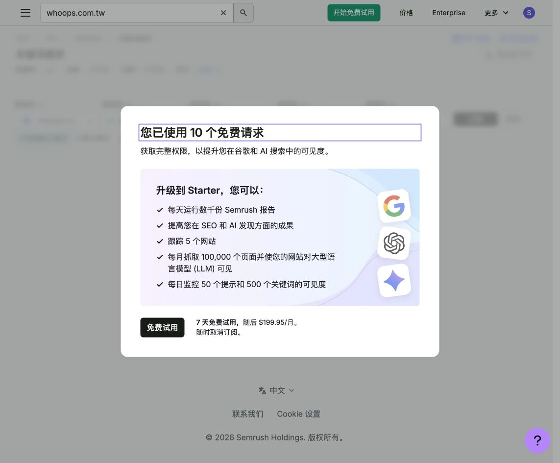 Semrush 提示免費帳號已達每日十次分析請求
