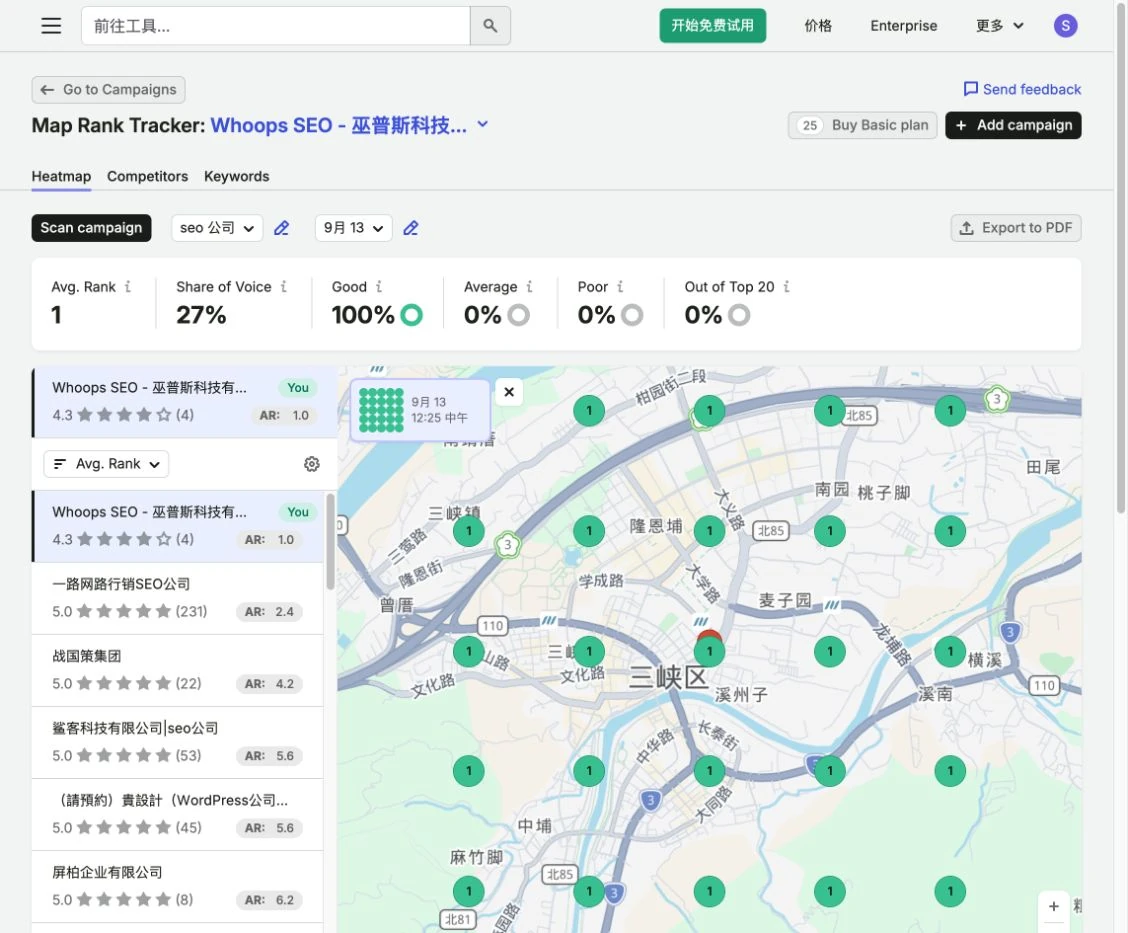 免費 Map Rank Tracker 的平均排名、聲量與剩餘額度