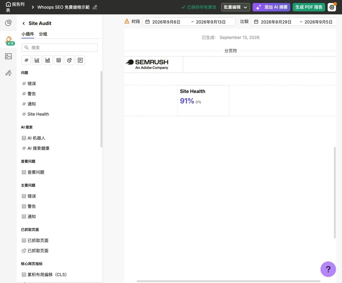 My Reports 帶入網站健檢的 Site Health 91%