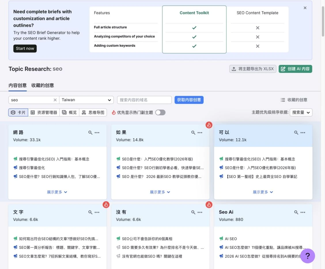Topic Research 在台灣 SEO 主題下產生的子主題卡片