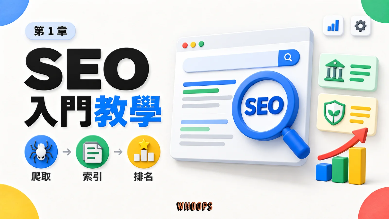 SEO 入門教學課程封面,以爬取、索引、排名呈現本章學習重點