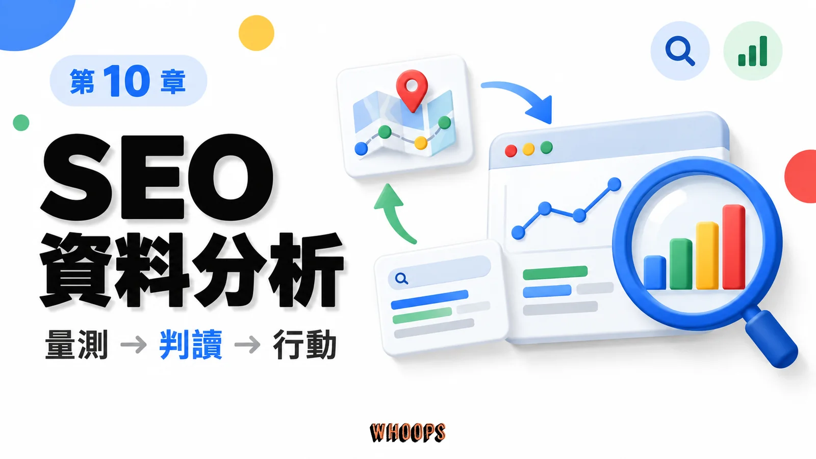 SEO 資料分析課程封面,以量測、判讀、行動呈現本章學習重點