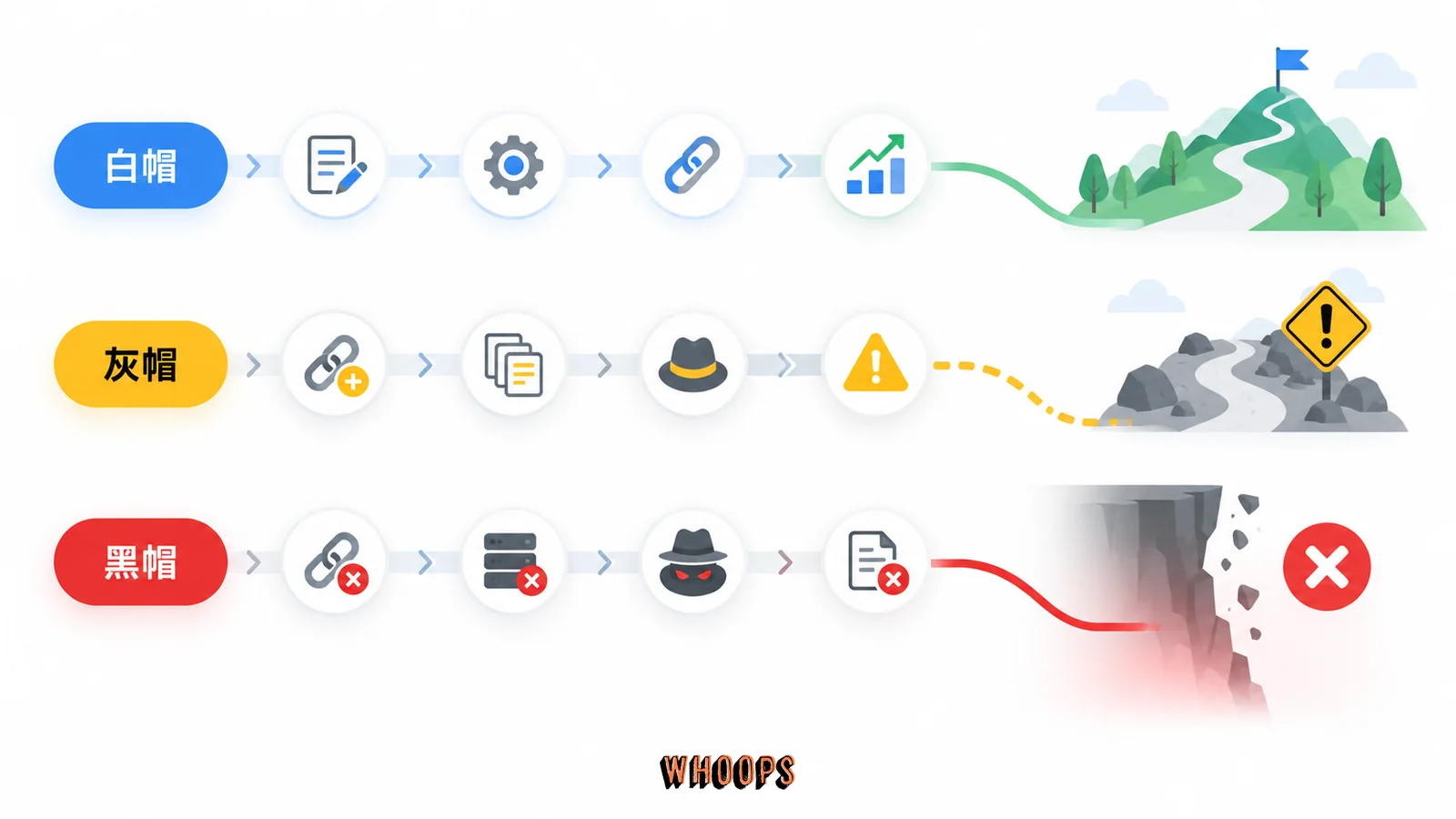 白帽 SEO 長期路線,白帽、灰帽、黑帽的關係示意