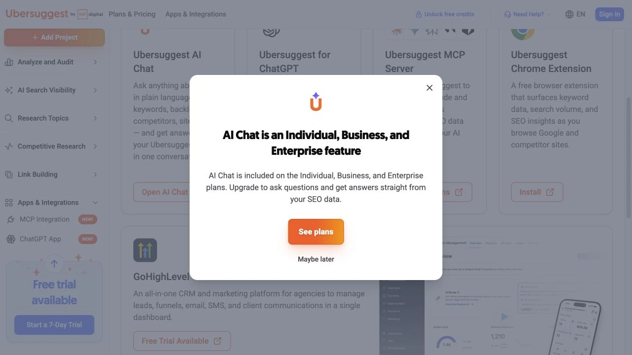 Ubersuggest AI Chat 顯示 Individual、Business 與 Enterprise 才包含此功能