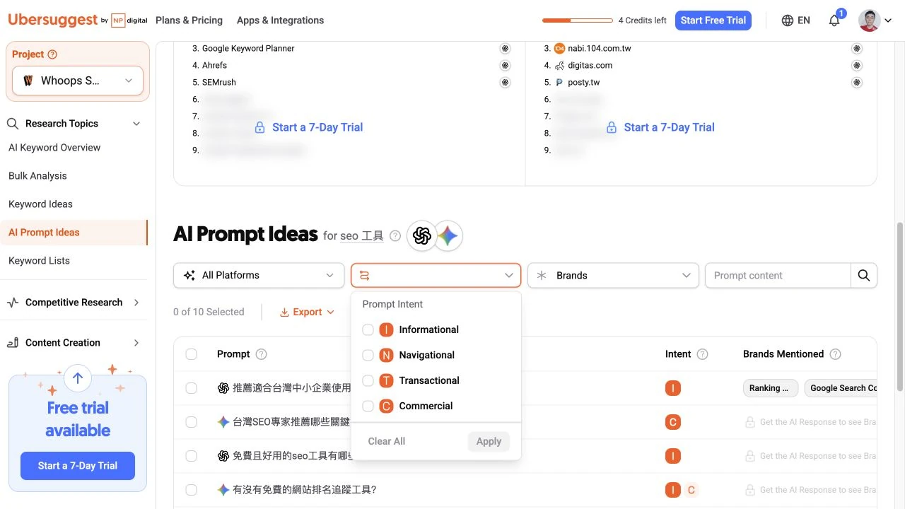Ubersuggest Prompt Intent 篩選器可依了解、比較或購買等任務縮小清單。