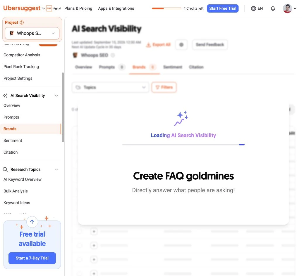 Ubersuggest AI Search Visibility 持續載入中；背景的零值與空表格不能當成監測結果。