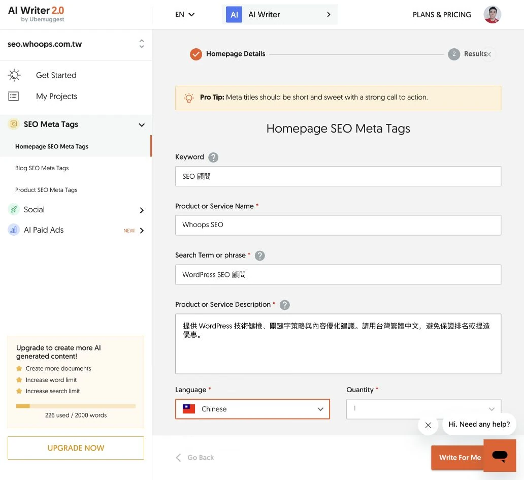 Ubersuggest Homepage SEO Meta Tags 填寫示例；生成前先核對語言與內容。