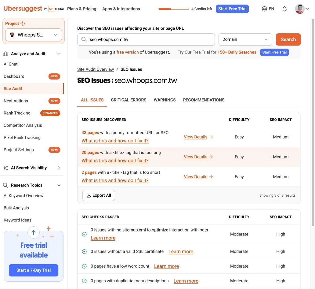 Ubersuggest SEO Issues 依嚴重程度分類，並列出受影響頁數。