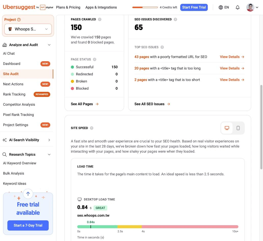Ubersuggest Site Speed 的 Desktop 檢視分開列出載入、互動與穩定性。