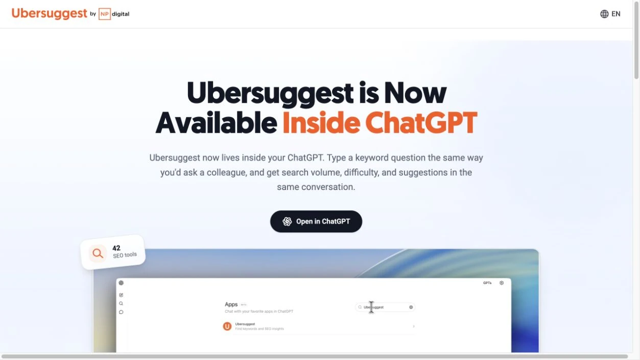 Ubersuggest for ChatGPT 官方介紹頁的 Open in ChatGPT 按鈕