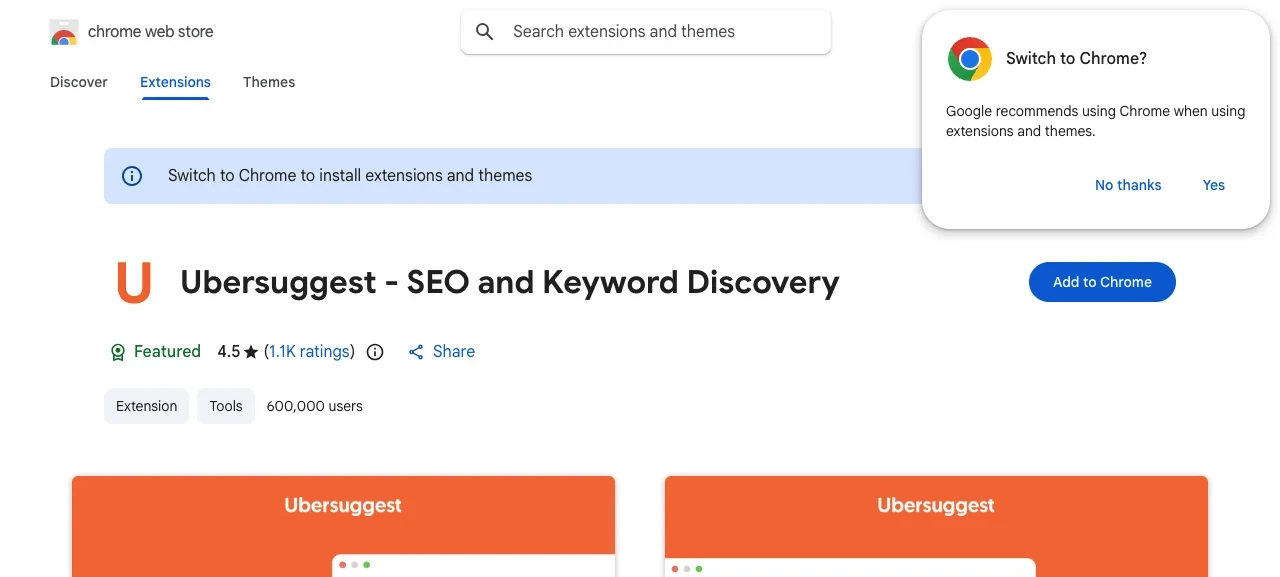 Ubersuggest Chrome 線上應用程式商店的 Ubersuggest 擴充功能頁