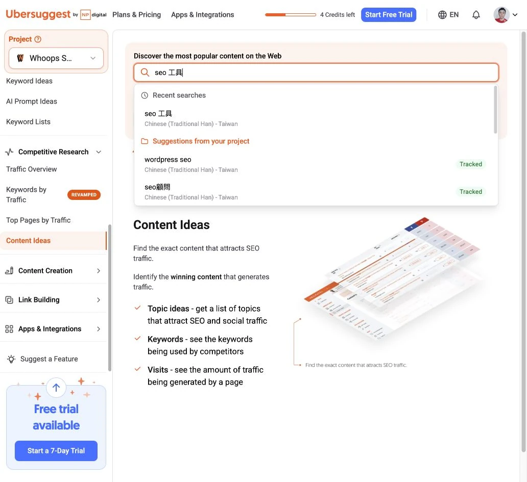 Ubersuggest Content Ideas 輸入主題、語言與國家，搜尋相關內容。