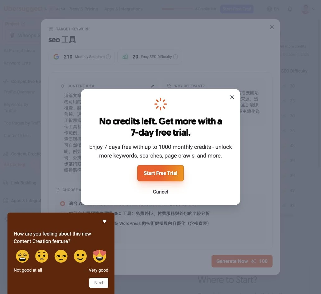 Ubersuggest Content Studio 顯示 credits 不足，本次未完成文章生成。