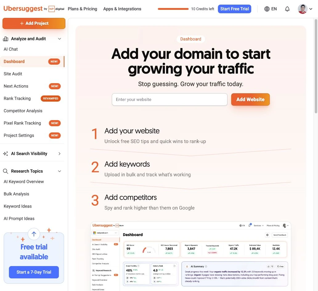 Ubersuggest 登入後的 Dashboard：先從左側功能選單或 Add Website 開始。