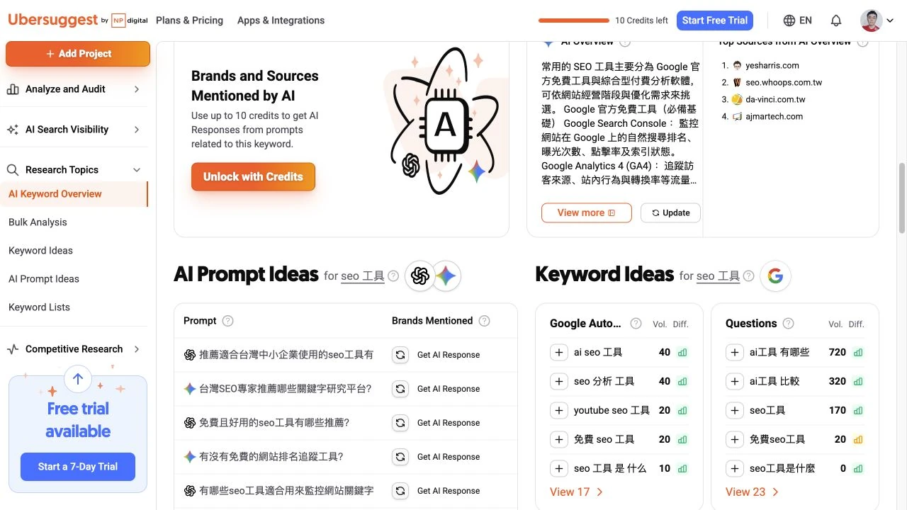 Ubersuggest 在 AI Prompt Ideas 點選問題旁的 Get AI Response。