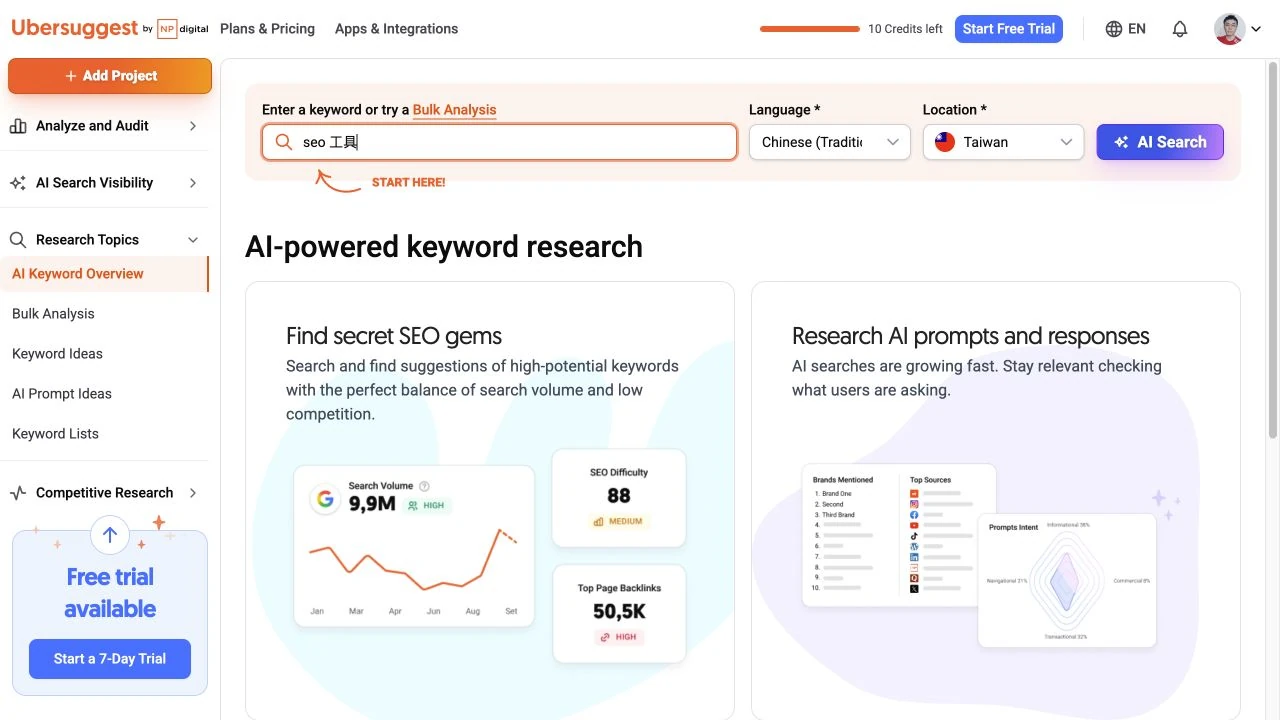Ubersuggest AI Keyword Overview 輸入 seo 工具，準備查詢台灣市場。