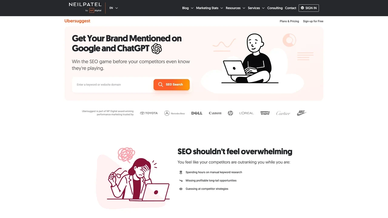 Ubersuggest 官網首頁以 AI 功能為主打訊息