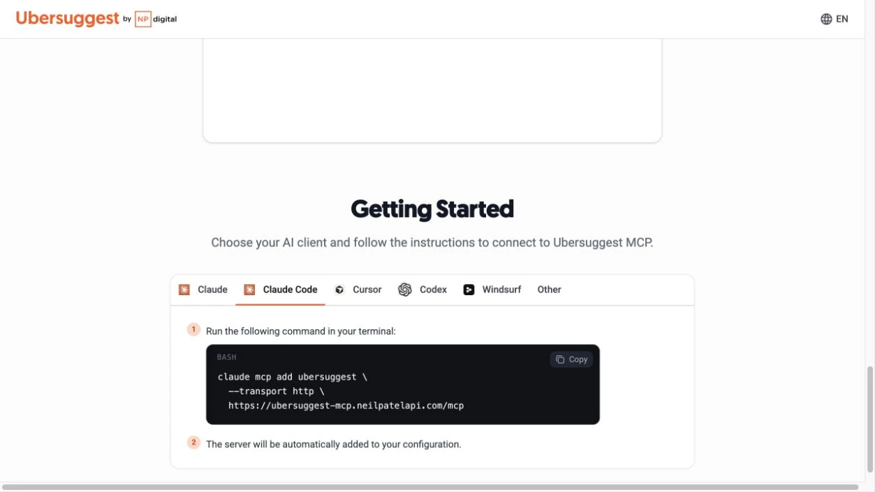 Ubersuggest Claude Code 分頁提供官方 MCP 加入指令。