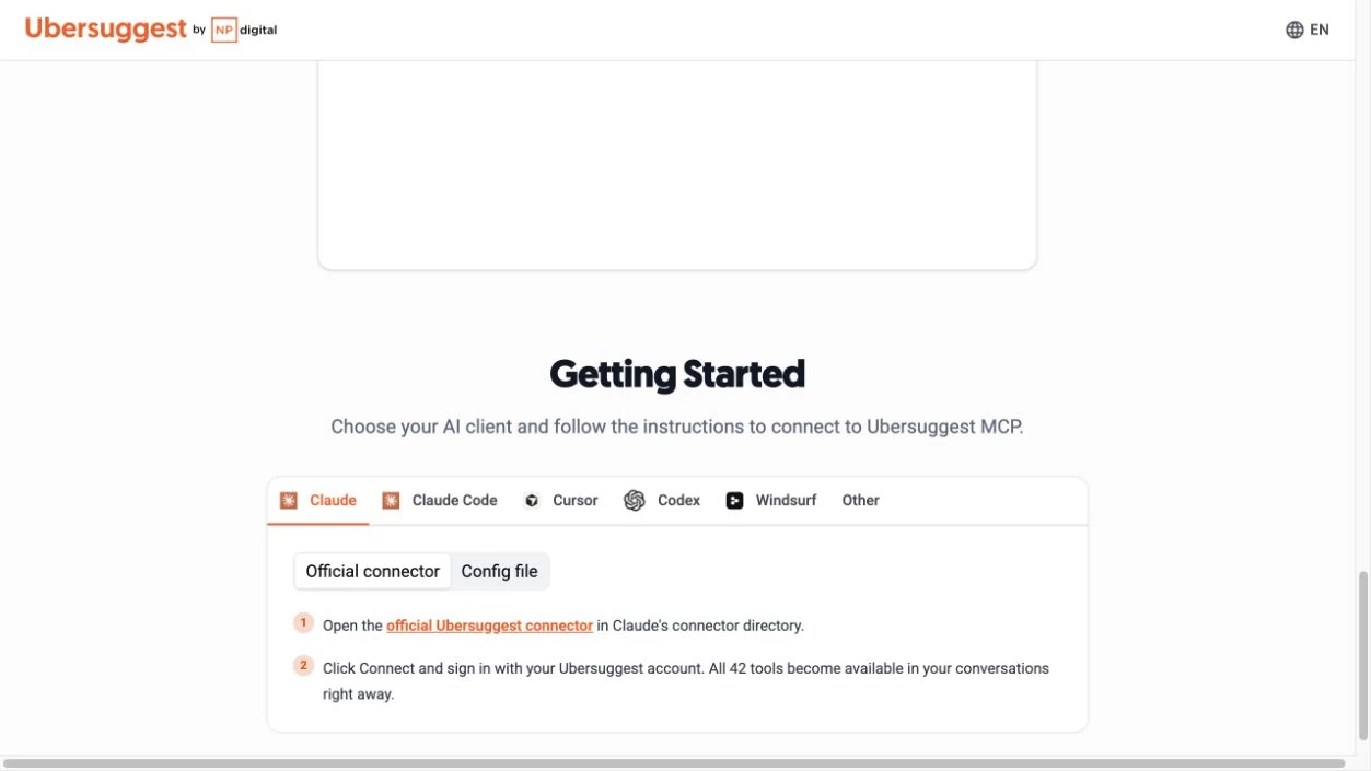 Ubersuggest MCP 的 Claude 分頁提供官方連接器入口。