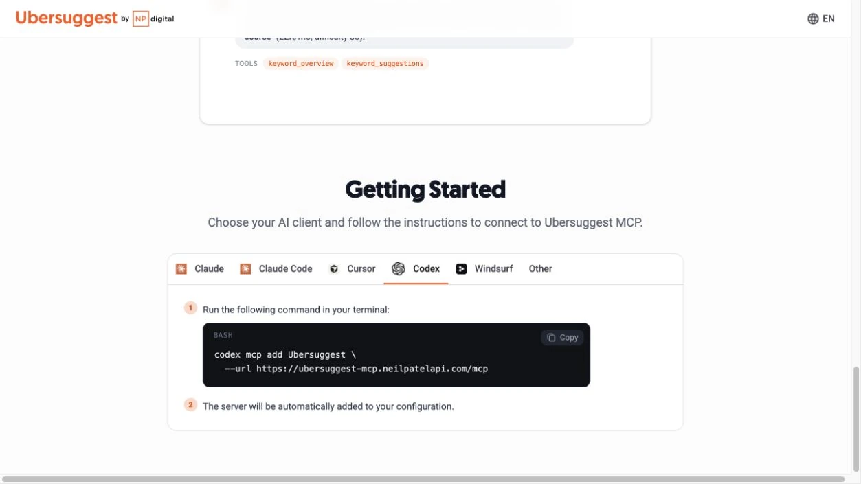 Ubersuggest Codex 分頁提供新增 MCP server 的指令。