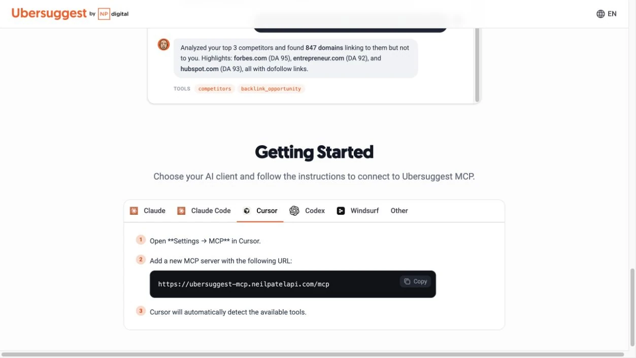 Ubersuggest MCP 官方頁選擇 Cursor 分頁，顯示設定步驟與伺服器網址