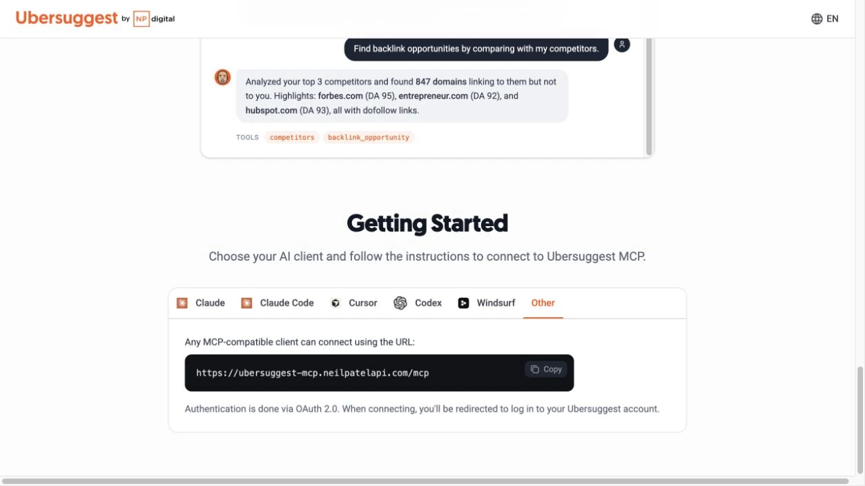 Ubersuggest Other 分頁提供 MCP URL 與 OAuth 連接說明。