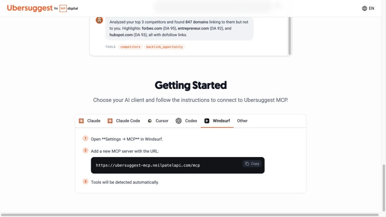 Ubersuggest Windsurf 分頁顯示 MCP 設定範例。