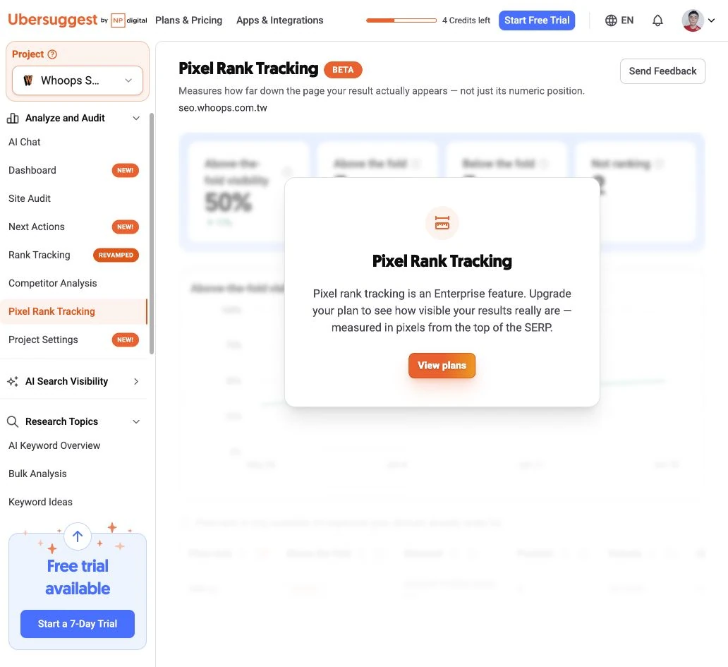 Ubersuggest Pixel Rank Tracking 顯示 Enterprise 方案限制，下方為示例畫面。
