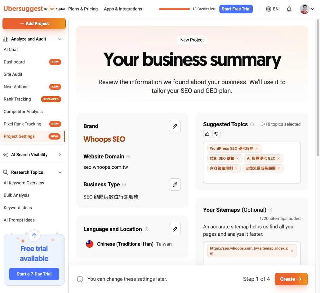 Ubersuggest 審閱 Business Summary、品牌名稱、台灣地區與 Topics。