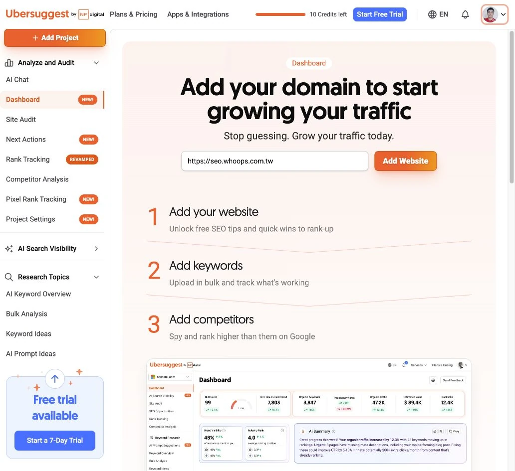 Ubersuggest 在 Dashboard 輸入網站，再按 Add Website 建立專案。