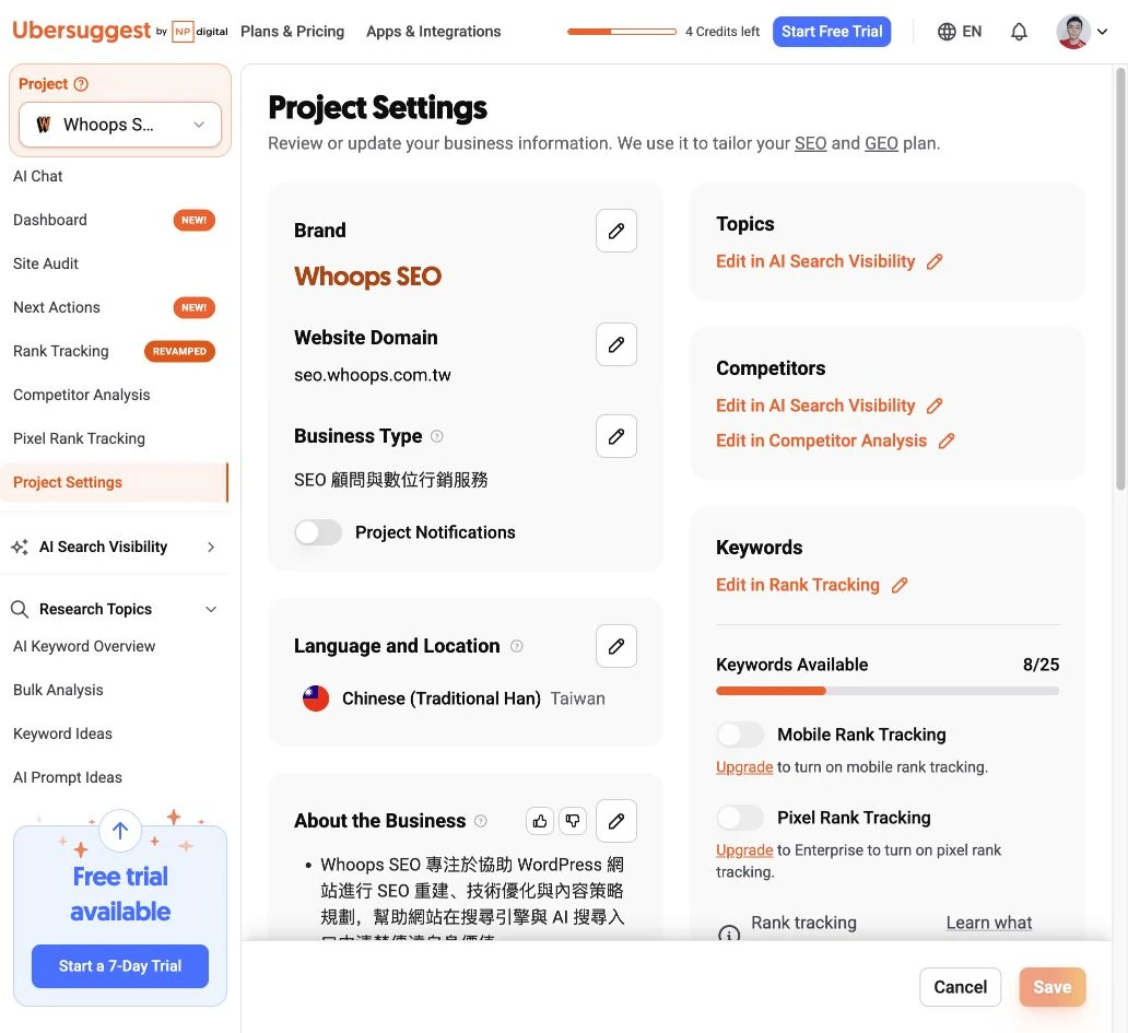 Ubersuggest Project Settings 顯示追蹤字數、地區、裝置與通知設定。