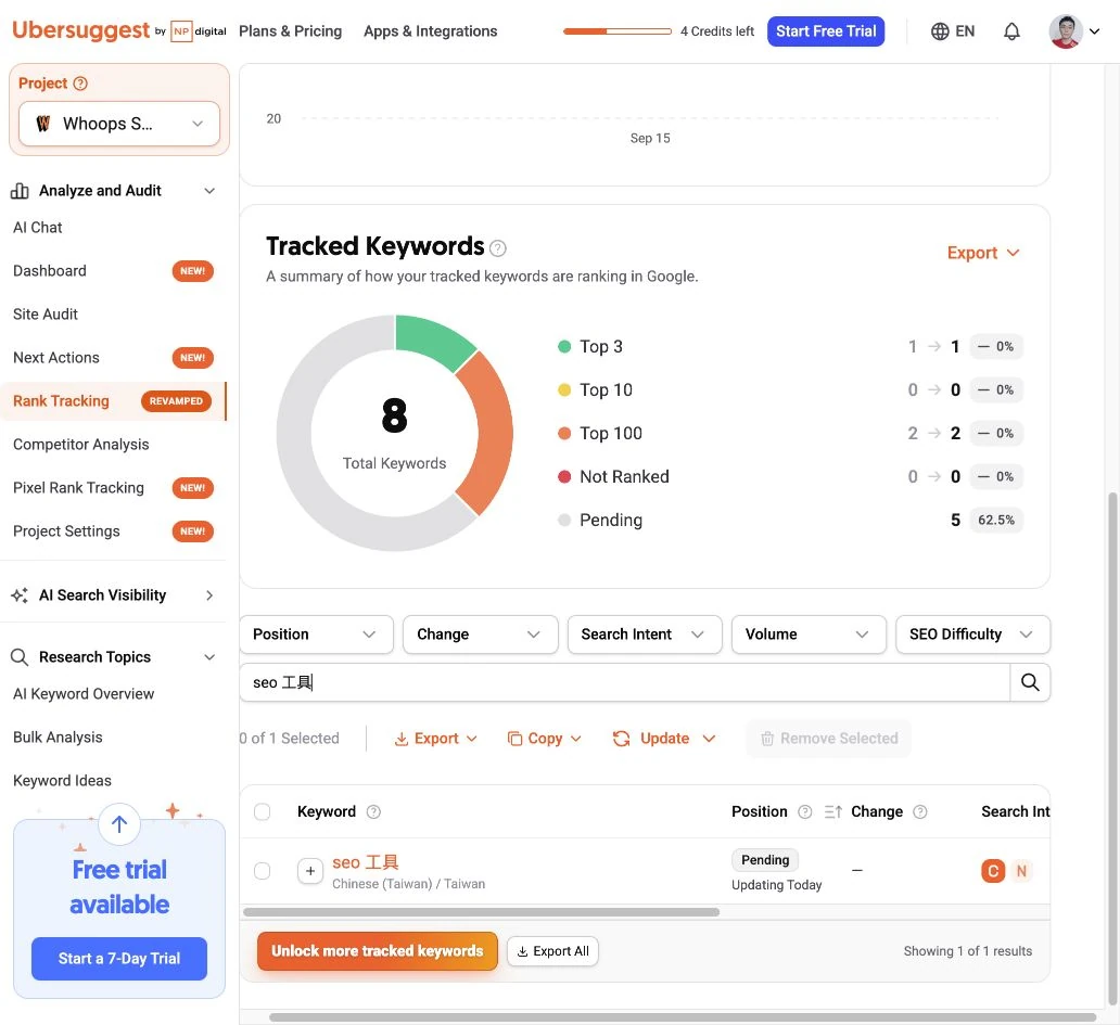Ubersuggest 新增後 seo 工具出現在清單，初始狀態為 Pending。