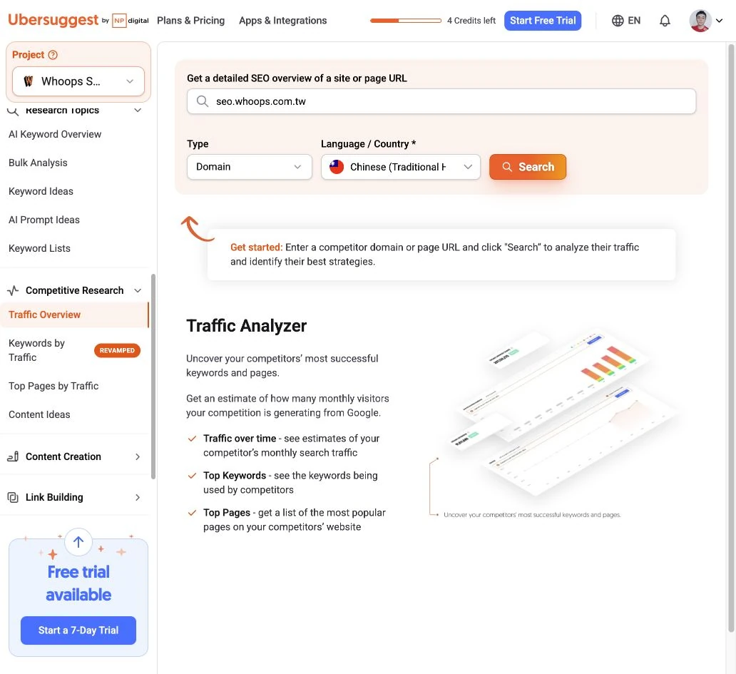 Ubersuggest Traffic Overview 輸入網域並設定市場後搜尋。