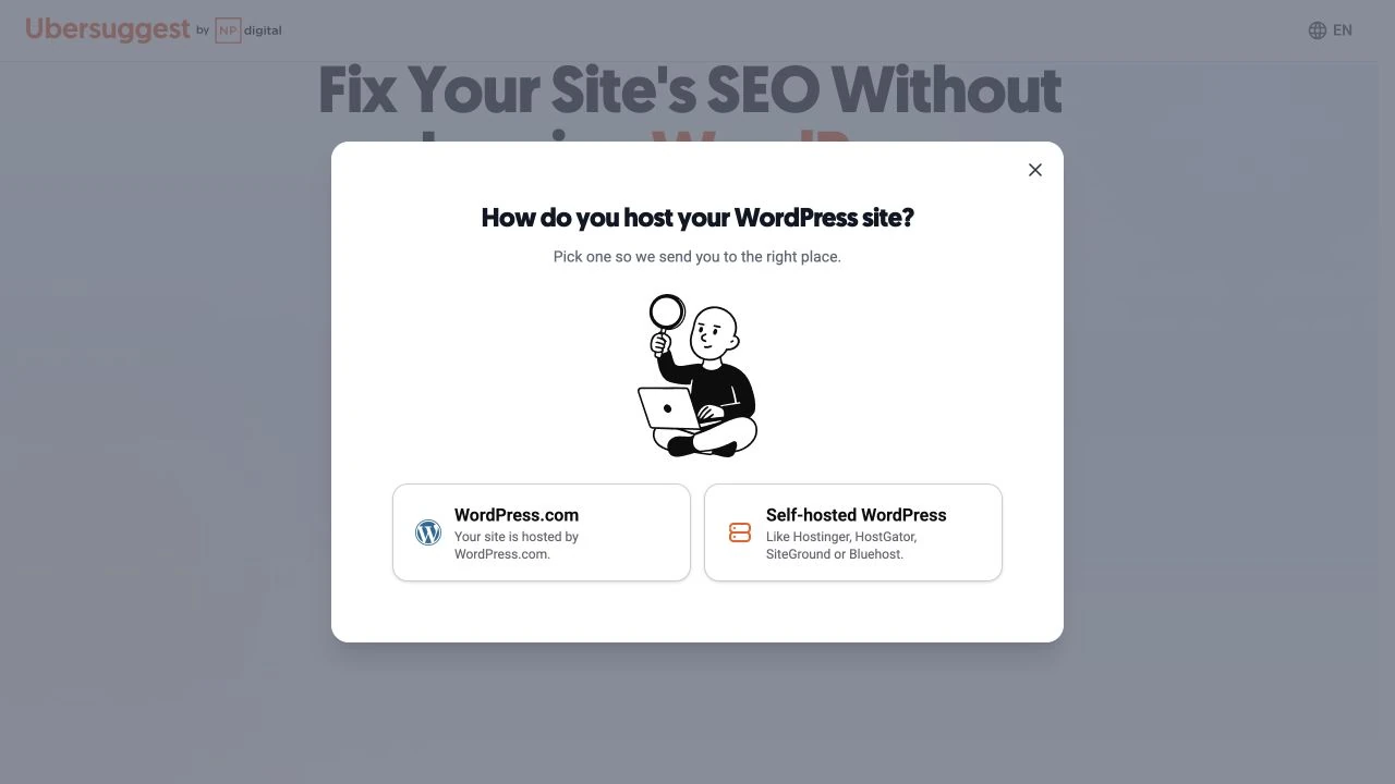 Ubersuggest Get Plugin 先選 WordPress.com 或自架 WordPress 的安裝入口。