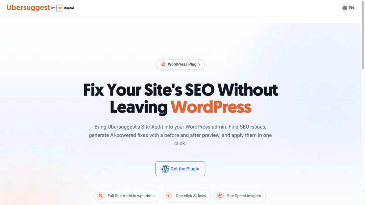 Ubersuggest WordPress 外掛介紹頁列出網站健檢與 AI 修正功能。