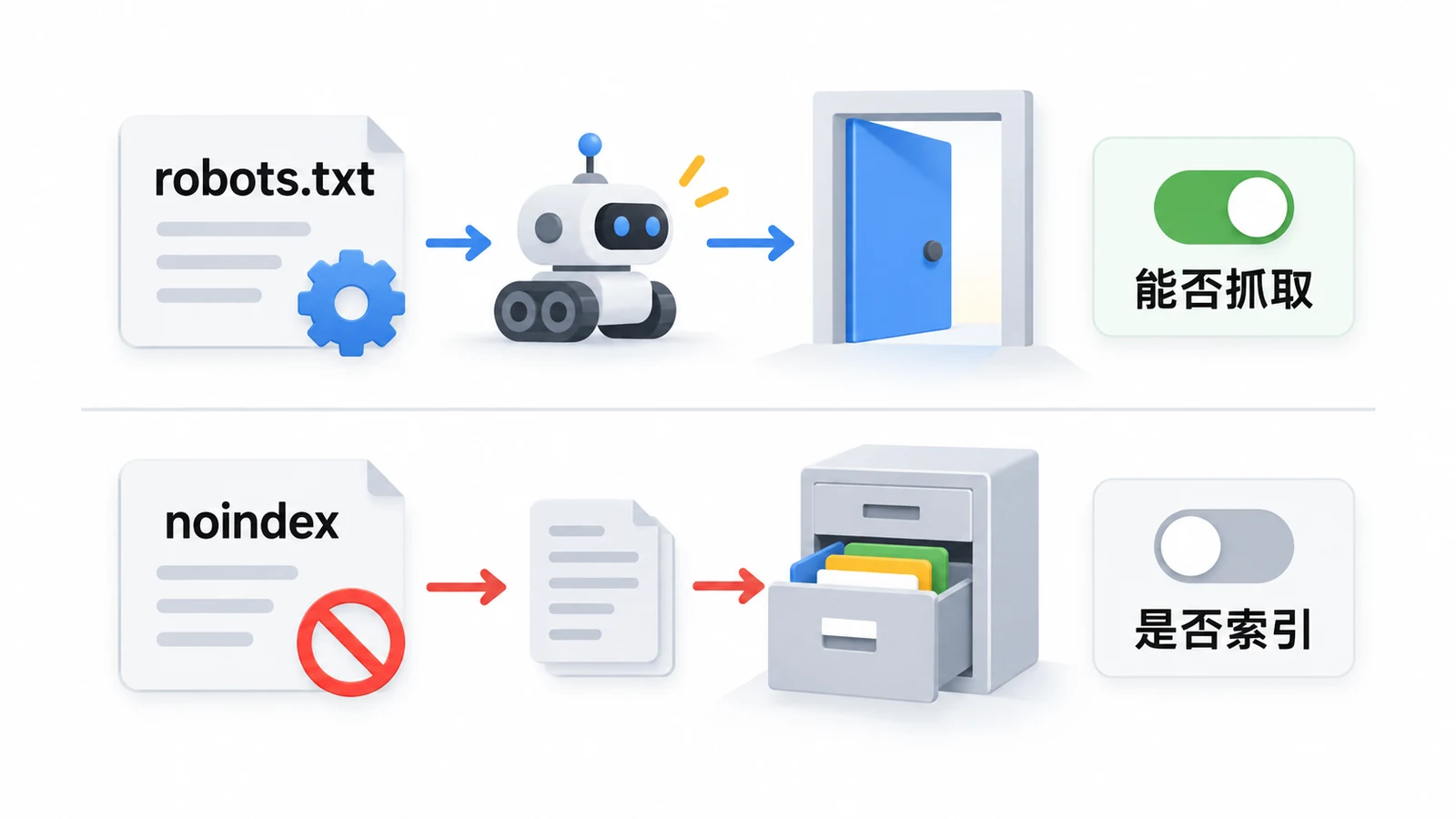 robots.txt 管抓取路徑，noindex 管是否收進索引。