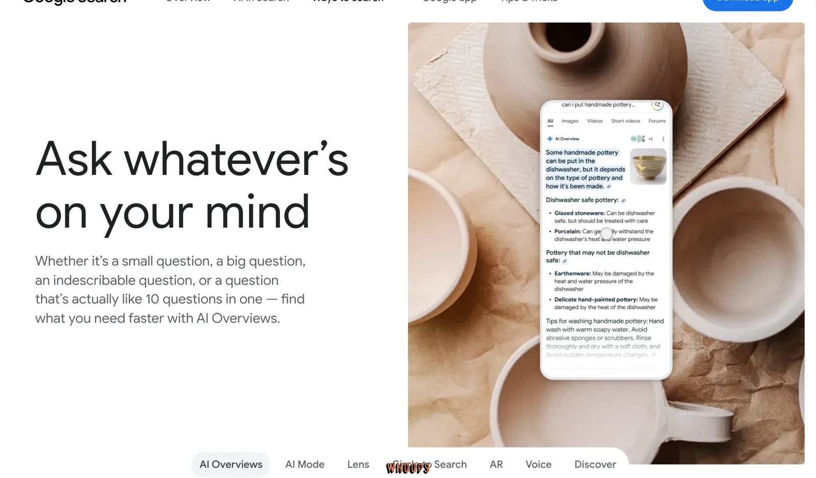 Google 官方 AI Overviews 產品頁,展示搜尋問題、AI 摘要及來源連結