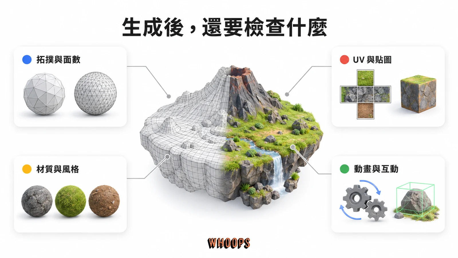 AI 3D 模型進入遊戲前,需檢查拓撲面數、UV 貼圖、材質風格與動畫互動