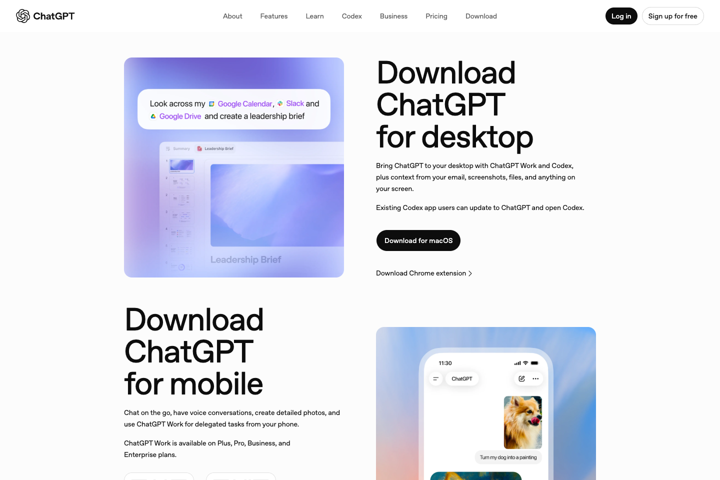 ChatGPT 官方下載頁截圖,含 iOS Android 與桌面版