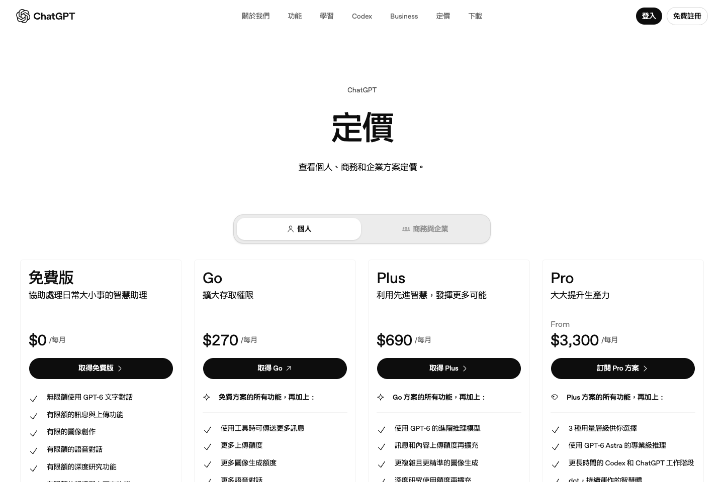 ChatGPT 官方定價頁截圖,台灣區方案價格
