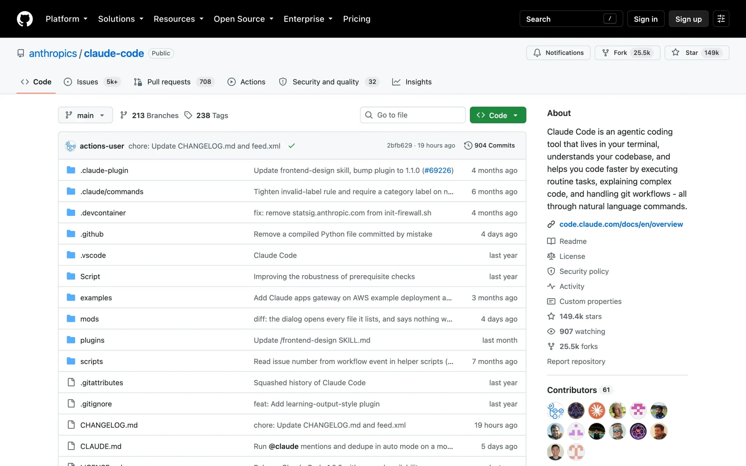 anthropics claude-code 官方公開儲存庫,檔案列表包含 CHANGELOG.md 與 CLAUDE.md