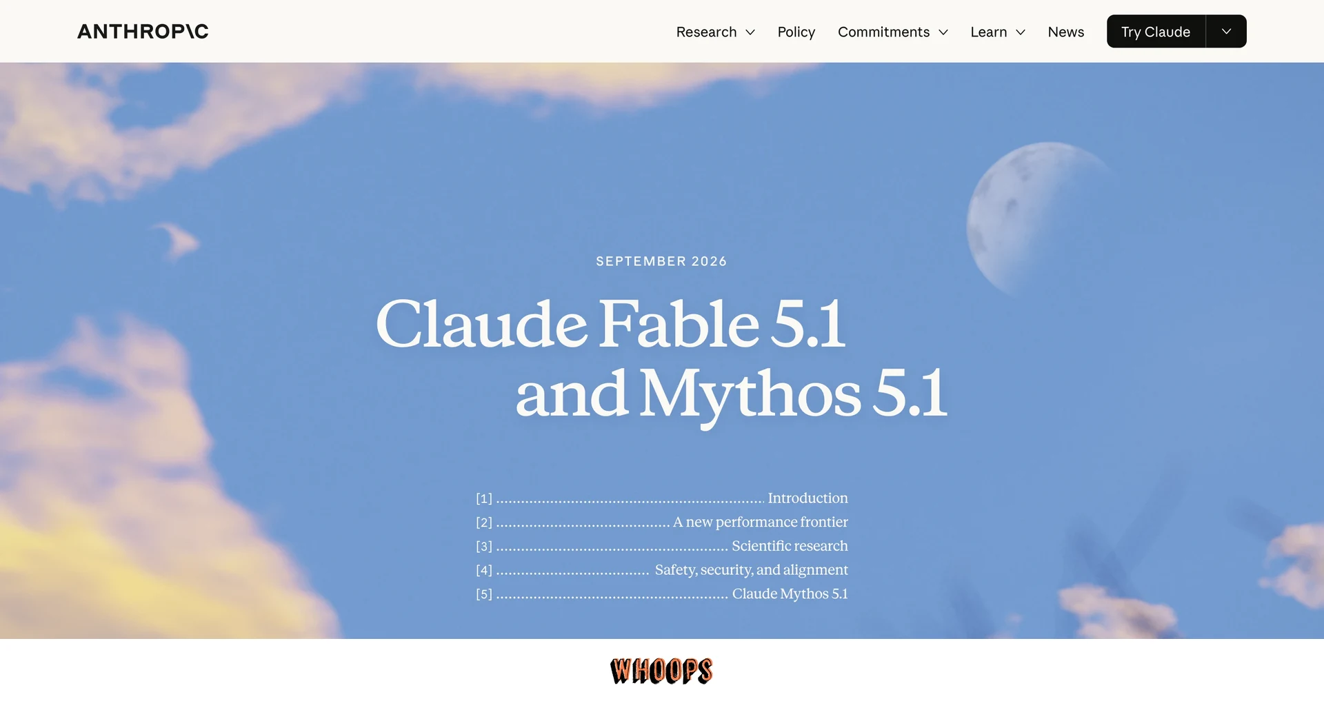 Anthropic 官方 Claude Fable 5.1 與 Mythos 5.1 發布公告,畫面保留品牌標識、2026 年 9 月標題與章節導覽